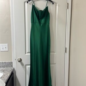 Xscape Emerald Green Satin Slip Gown with Beaded Straps